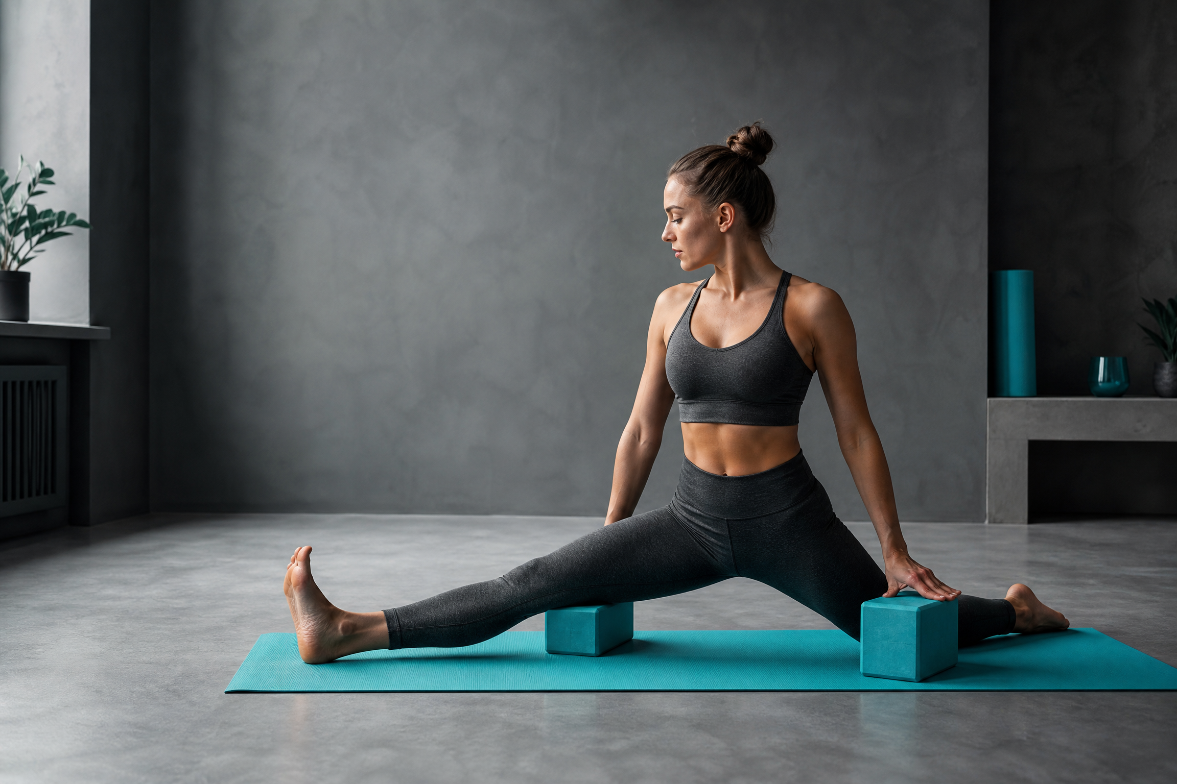 Woman balancing leg flexibility in a half-split with support