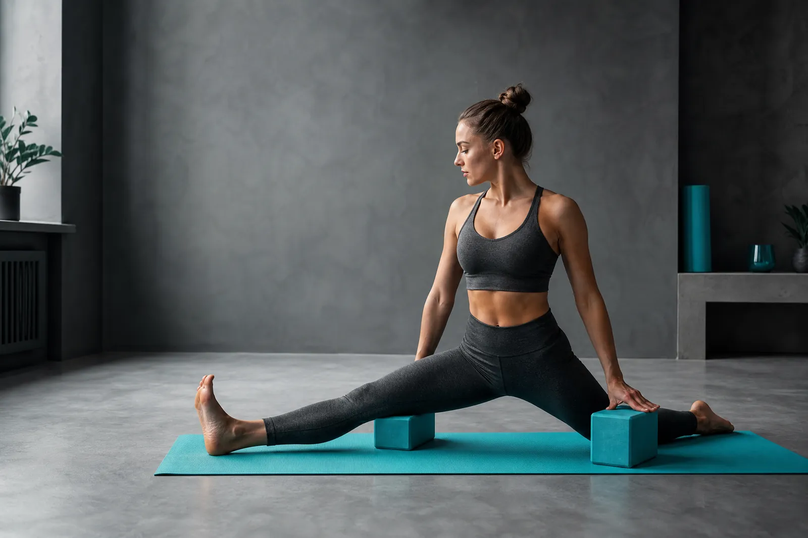 Woman balancing leg flexibility in a half-split with support