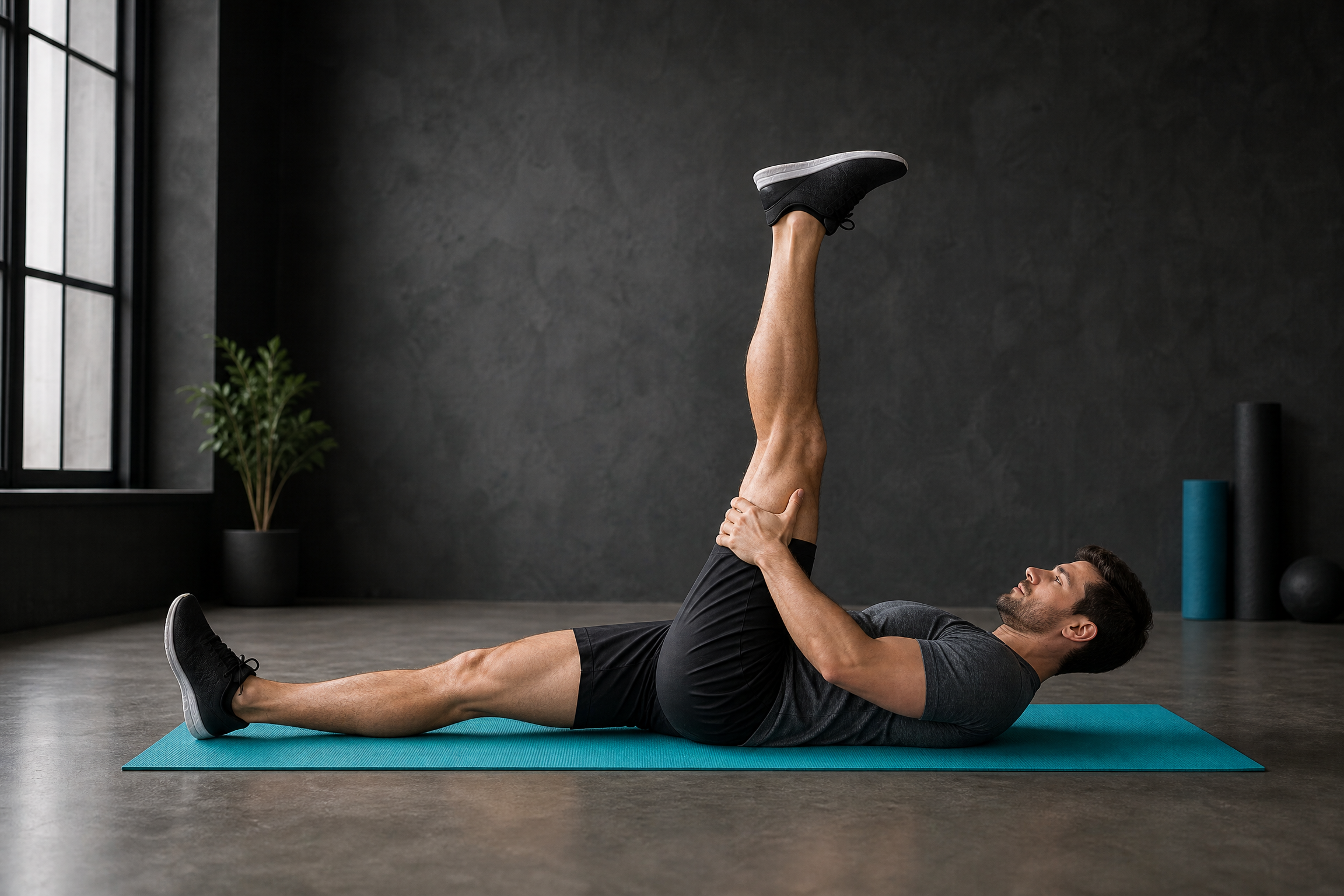Man performing an active straight-leg raise while lying on a mat