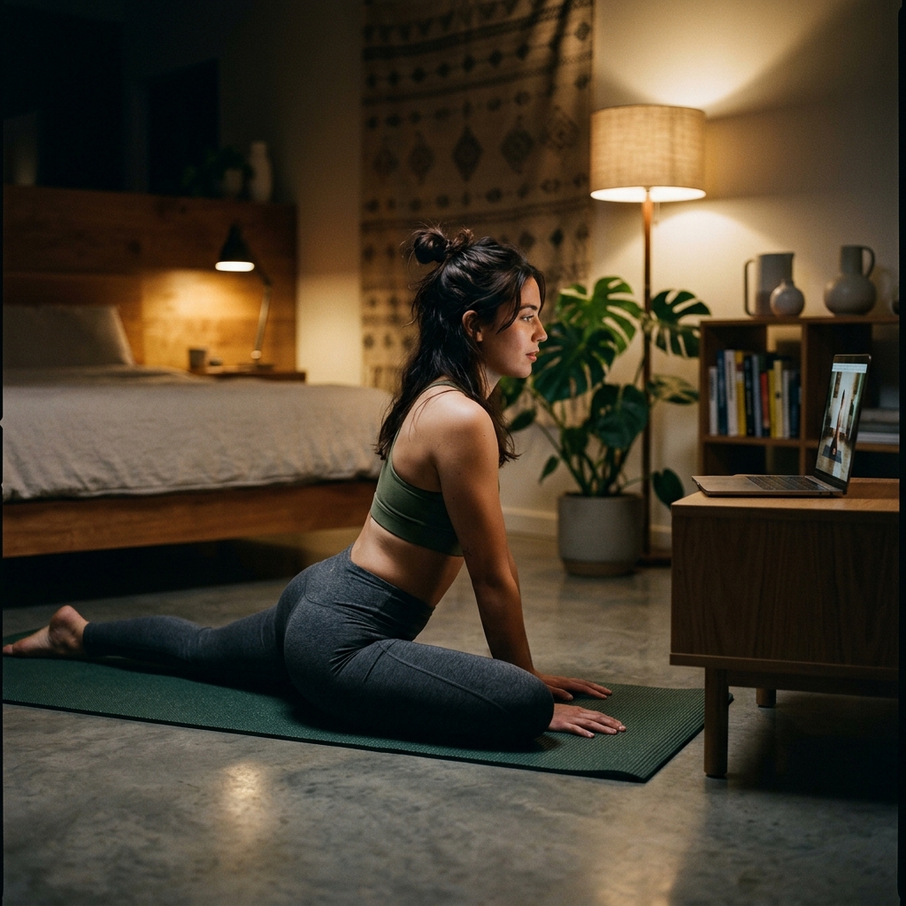Woman practicing yoga and stretching at home with online guidance