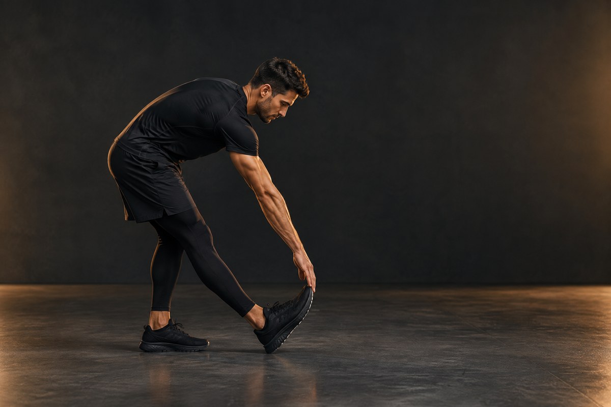 Man performing a controlled standing hamstring stretch during flexibility training